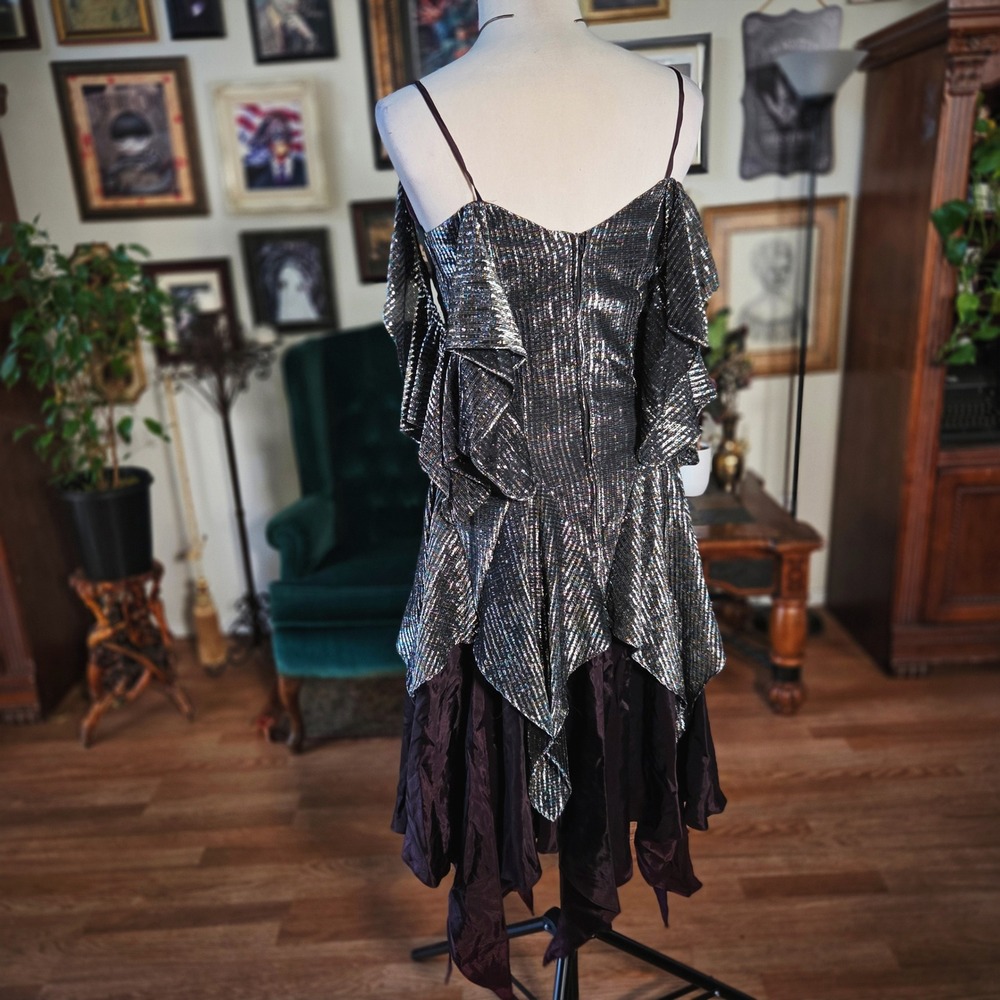 Nuance Party Dress Vintage 80s Metallic Asymmetrical Ruffle Glam Disco Midi - Picture 4 of 8
